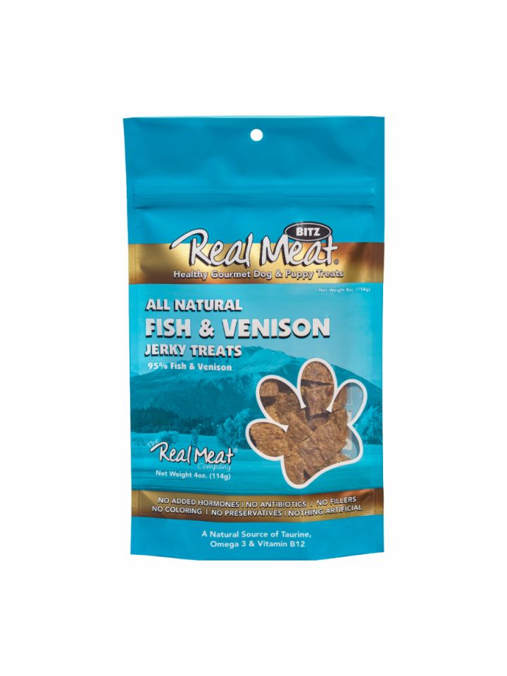 Real Meat - 4oz Fish and Venison Jerky Treats