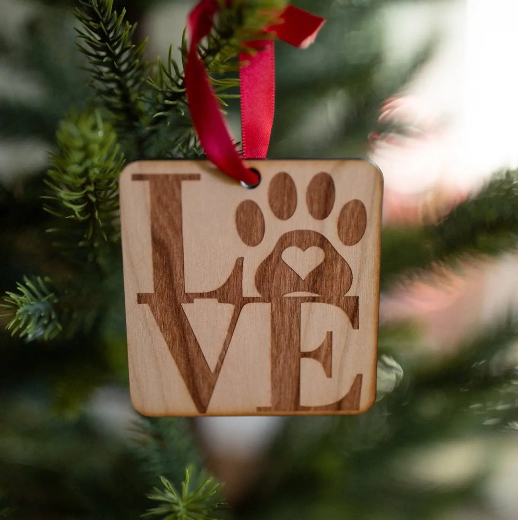 3D Etching - Love Paw Print Wooden Ornament